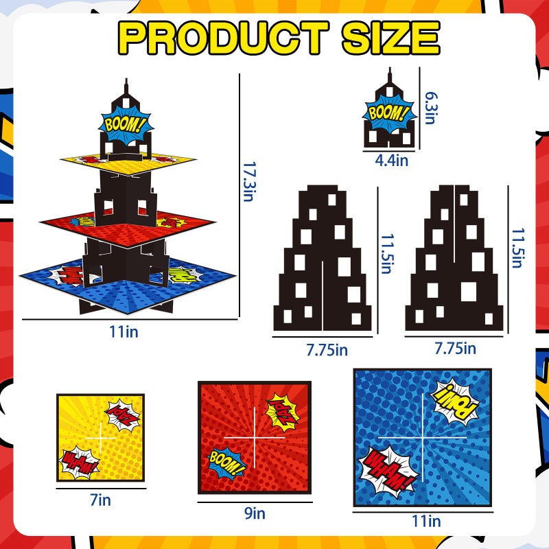 KALEFO Superhero Party Supplies Cake Stand 3 Tier Cupcake Stand Super Hero Parties Favors Mini Cup Cake Holder for Birthday Decorations (Superhero) - Image 2